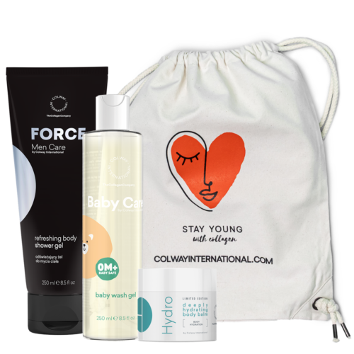 Zestaw Family Colway z żelem Force, Baby wash gel, mini balsamem Hydro i plecakiem