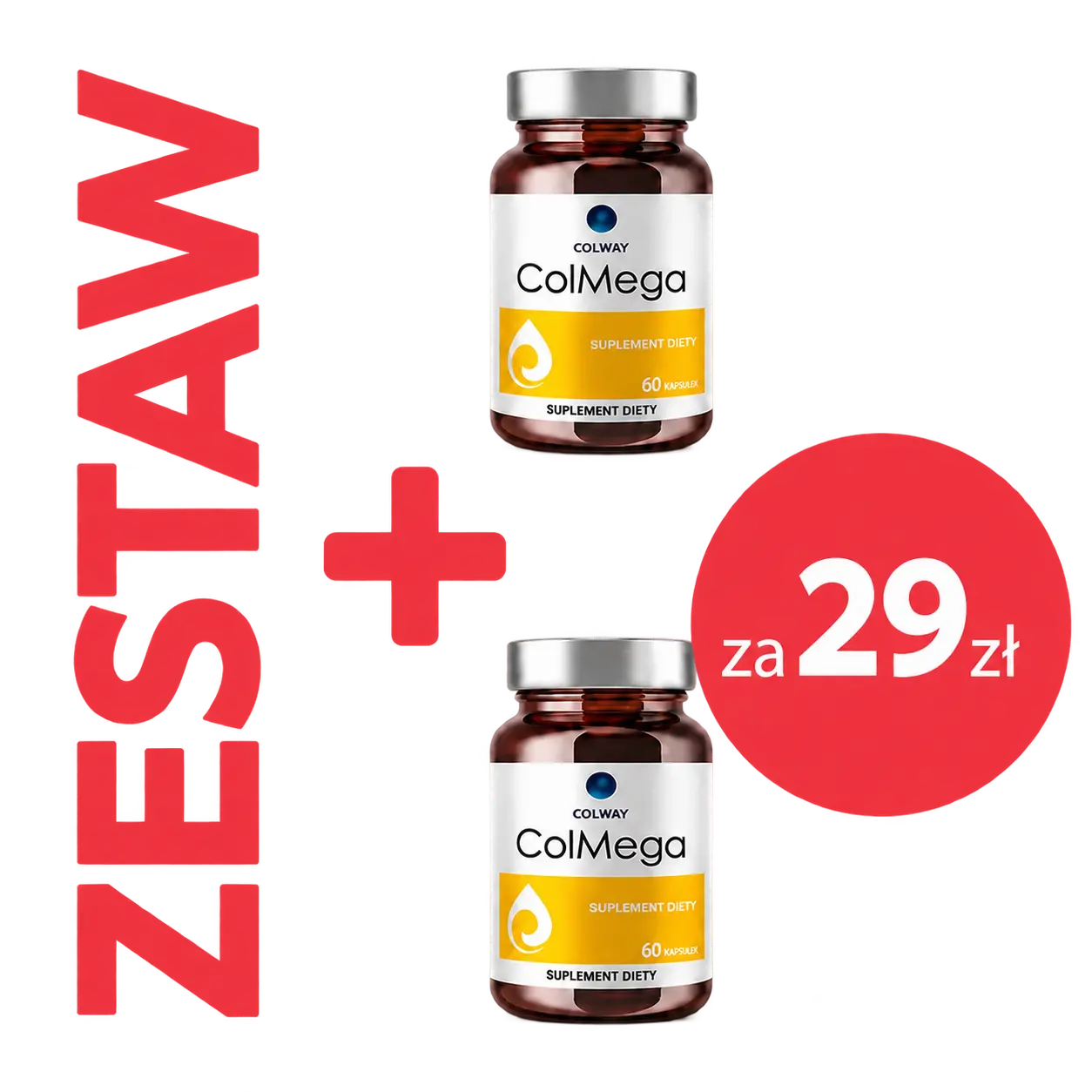 ColMega Duo COLWAY, dwie butelki z żółtą etykietą, druga ColMega za 29 zł